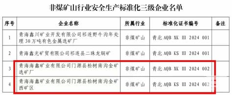 海鑫矿业松树南沟金矿被认定为非煤矿山清静生产标准化三级企业